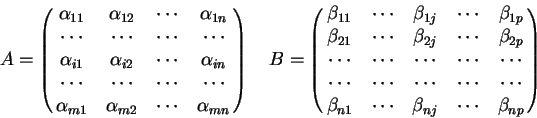 \begin{displaymath}
        A = \left( \matrix{ \alpha_{11} & \alpha_{12} & \cdots & ...
        ...a_{n1} & \cdots & \beta_{nj} & \cdots & \beta_{np}
        }\right)\end{displaymath}