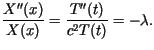 $\displaystyle \frac{X^{\prime\prime}(x)}{X(x)}=\frac{T^{\prime\prime}(t)}{c^{2}%%T(t)}=-\lambda.$