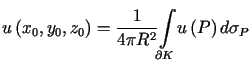 $\displaystyle u\left( x_{0},y_{0},z_{0}\right) =\frac{1}{4\pi R^{2}}<tex2html_c......t_mark>918 {\displaystyle\int\limits_{\partial K}} u\left( P\right) d\sigma_{P}$